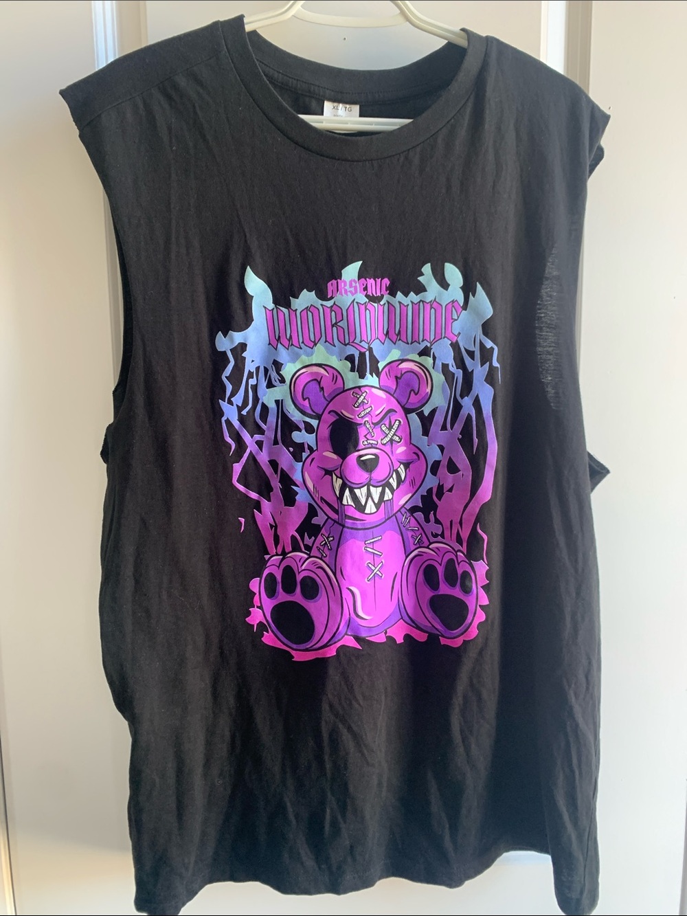 Source Unknown Black Muscle Tee with Pink and Blue Graphic Bear